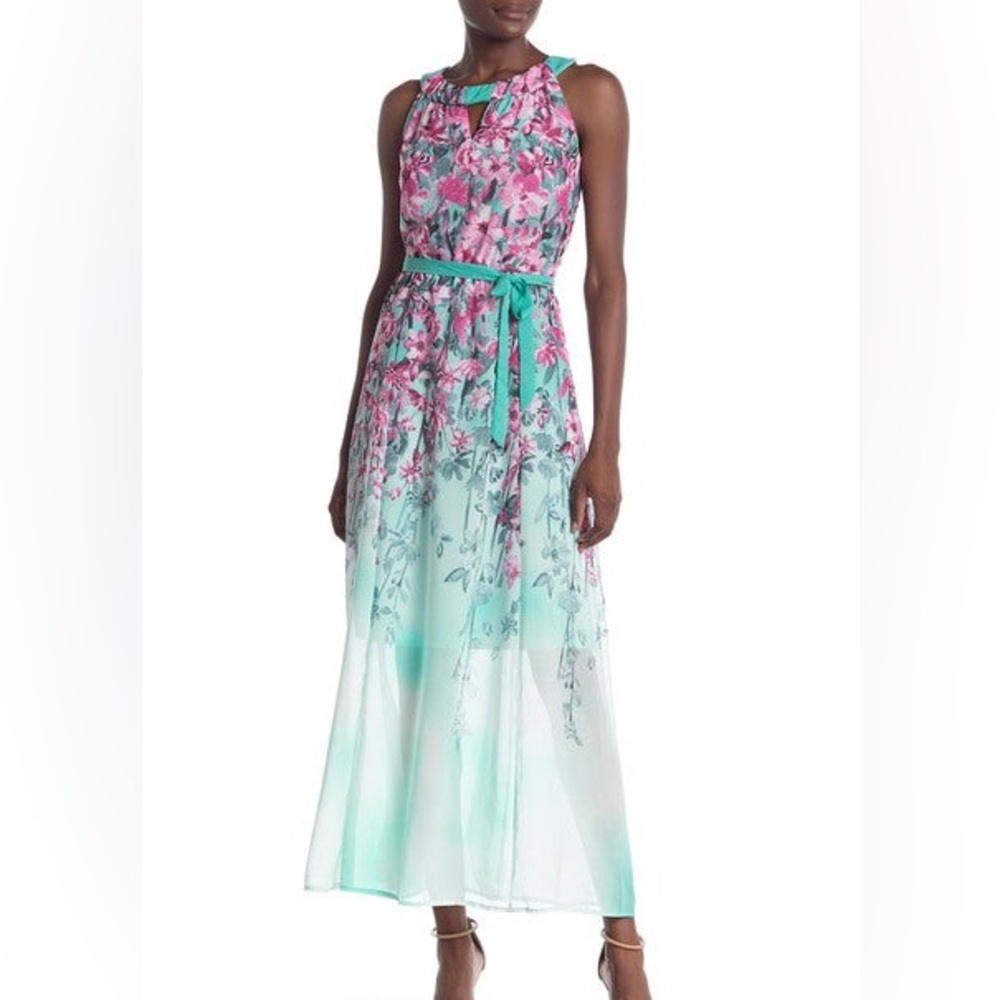 Halter Neck Lined Floral Maxi Dress with Pink and Teal Floral =